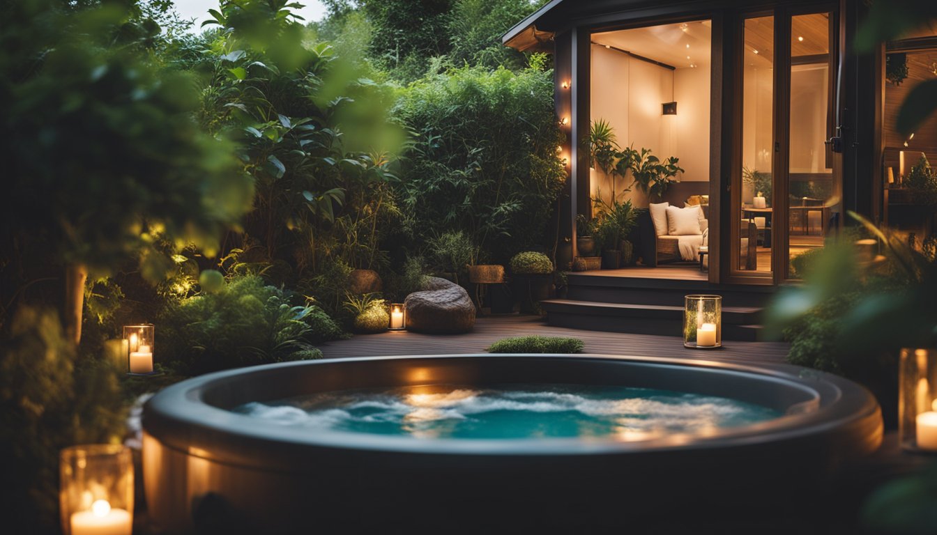 A small deck is transformed into a hot tub retreat with cozy seating, ambient lighting, and lush greenery