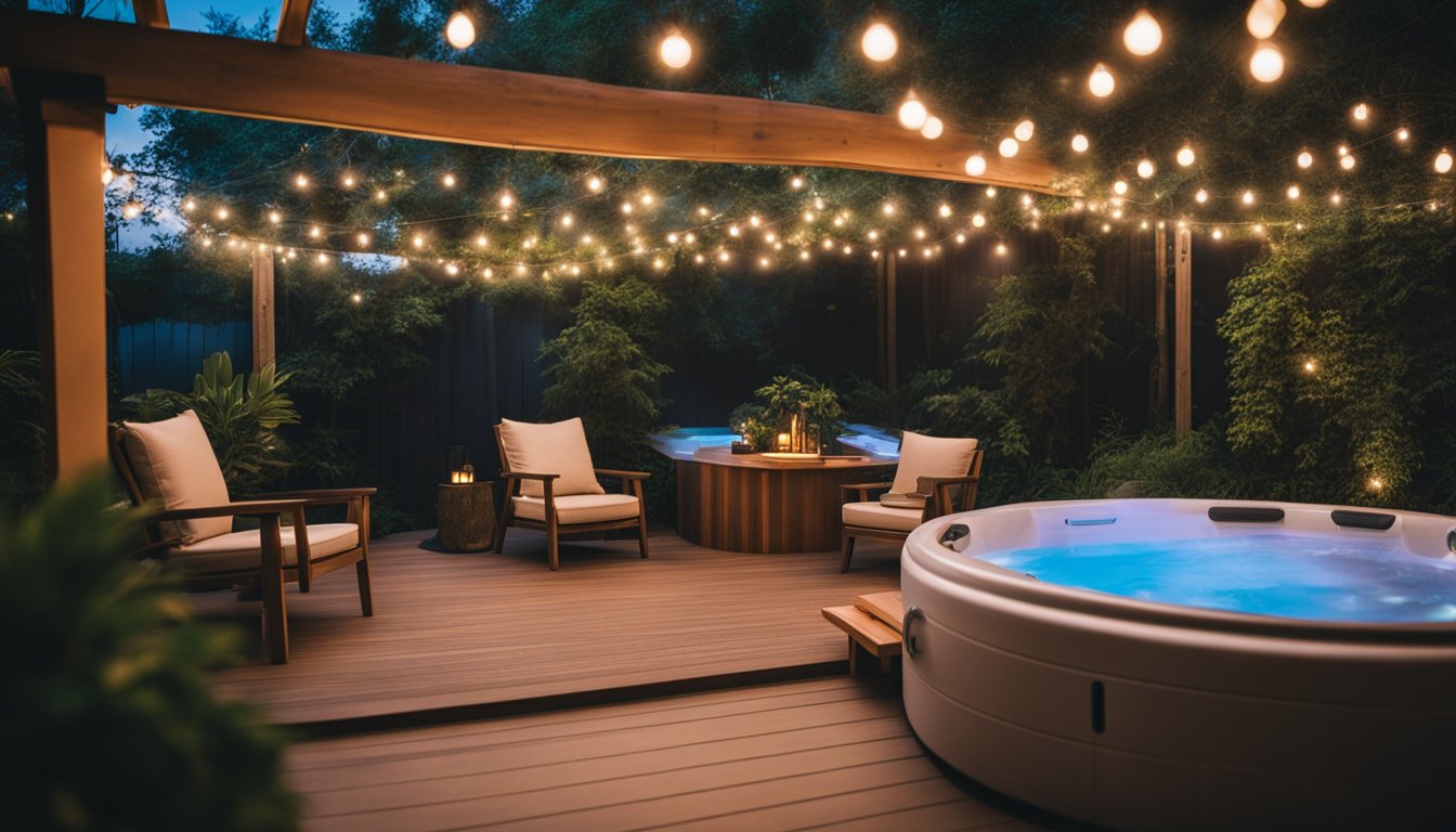 A small deck with a hot tub surrounded by cozy lighting and lush greenery, creating a relaxing retreat ambiance