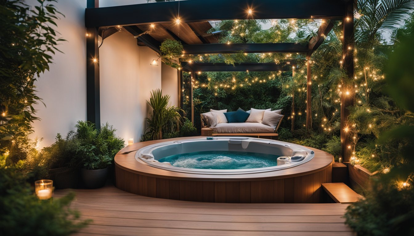 A small deck is transformed into a hot tub retreat. The deck is adorned with cozy seating, surrounded by lush greenery, and features a luxurious hot tub as the focal point