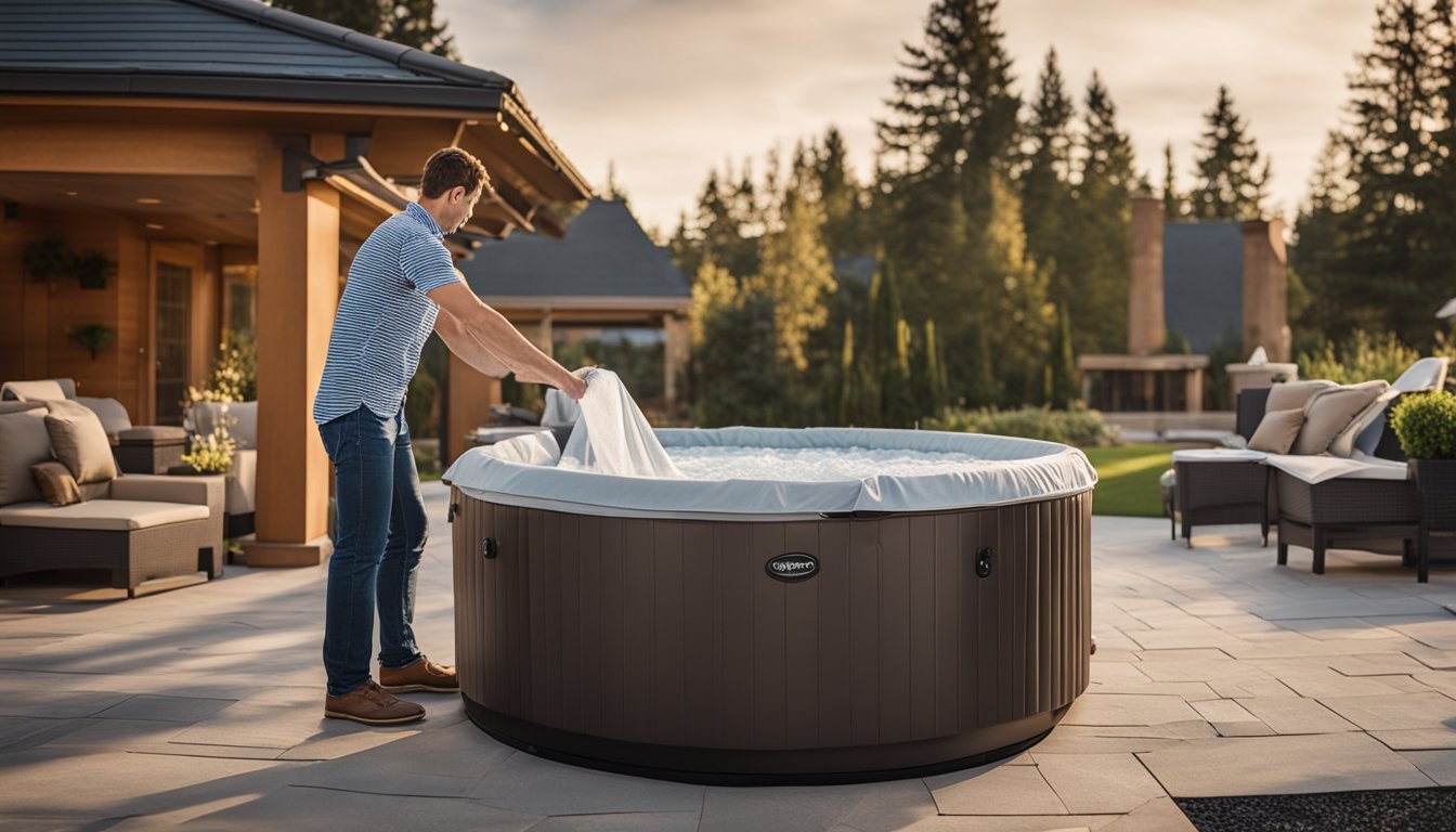 A person removes and folds a spa cover, revealing a clean and well-maintained hot tub. The cover is sturdy, weather-resistant, and fits snugly over the tub