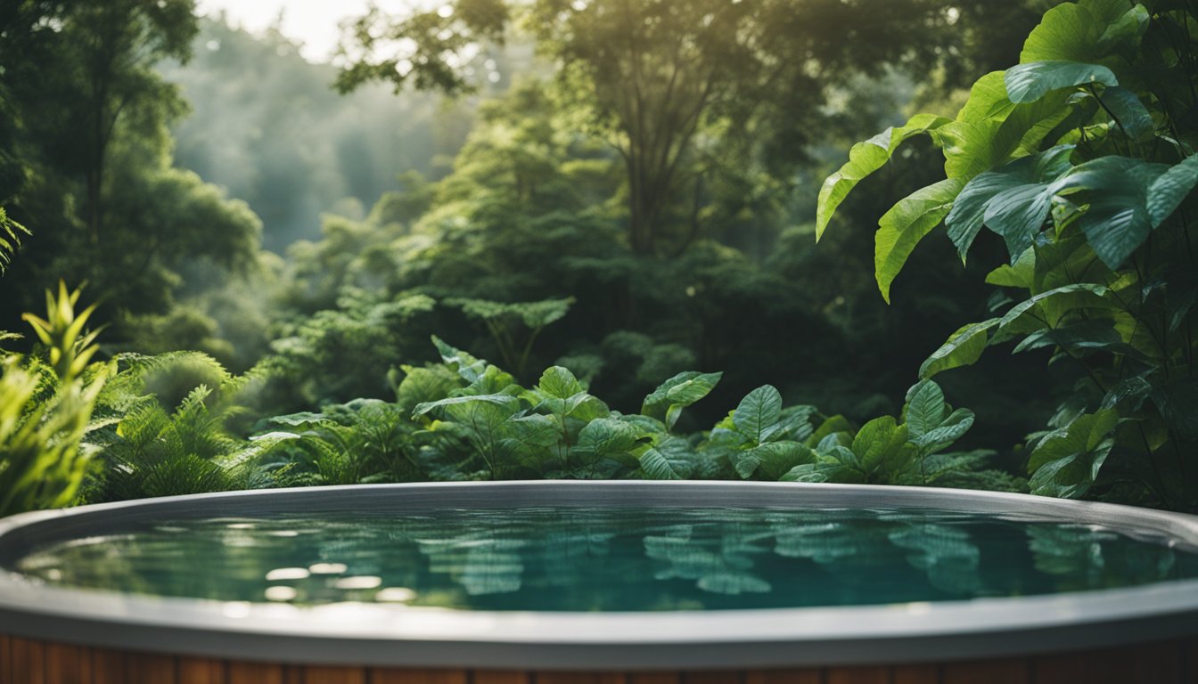 A serene hot tub nestled among lush greenery, with steam rising and gentle ripples on the water's surface