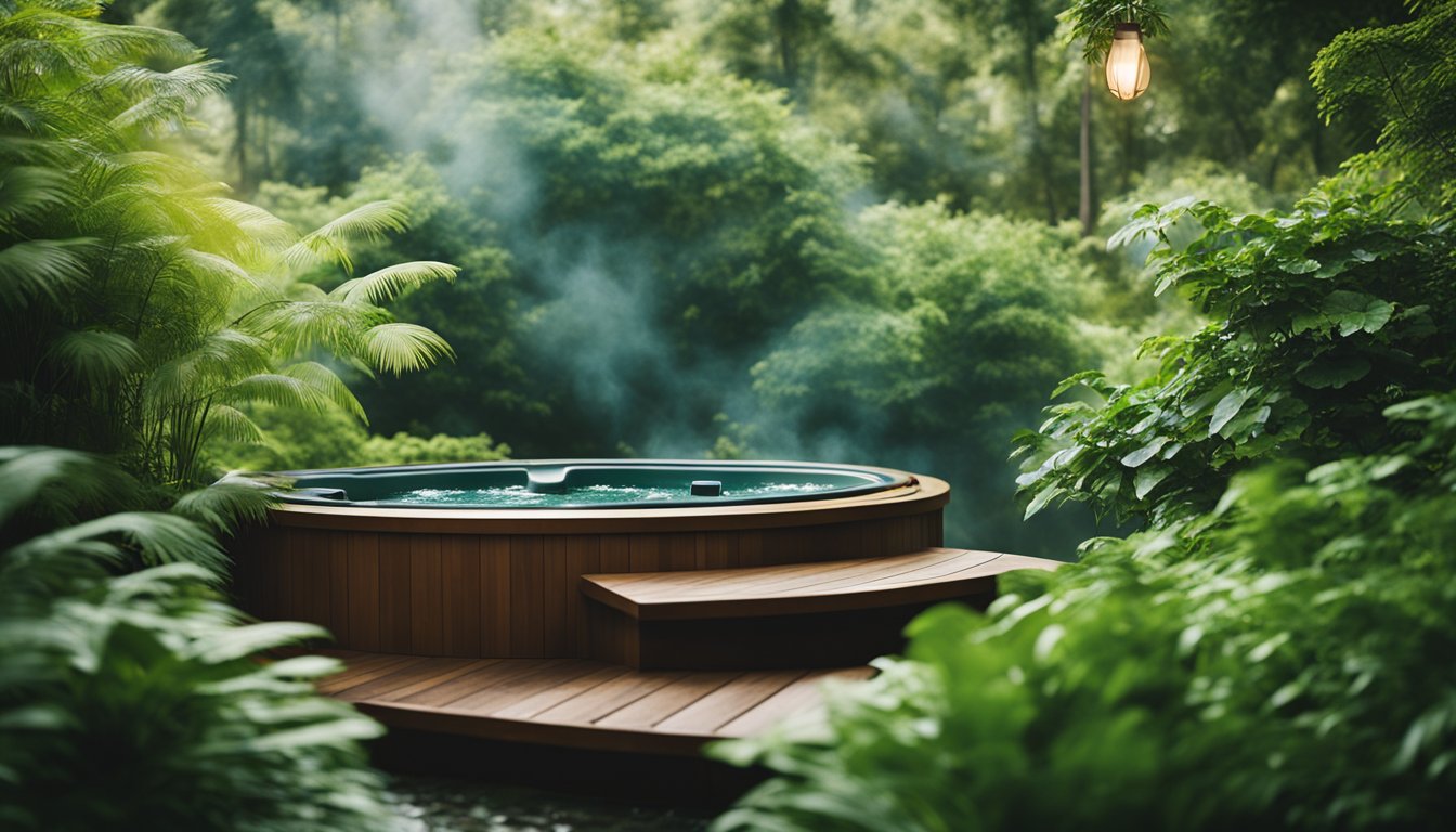 A serene hot tub nestled among lush greenery, with steam rising and gentle ripples on the water's surface, creating a tranquil atmosphere for relaxation and stress relief