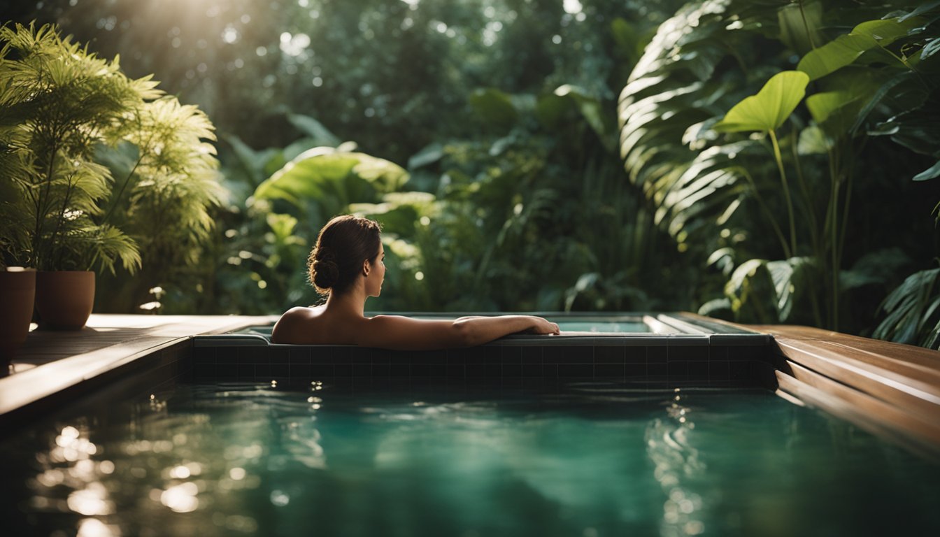 A serene hot tub surrounded by lush greenery and soft lighting, with a person lounging and relaxing in the warm water