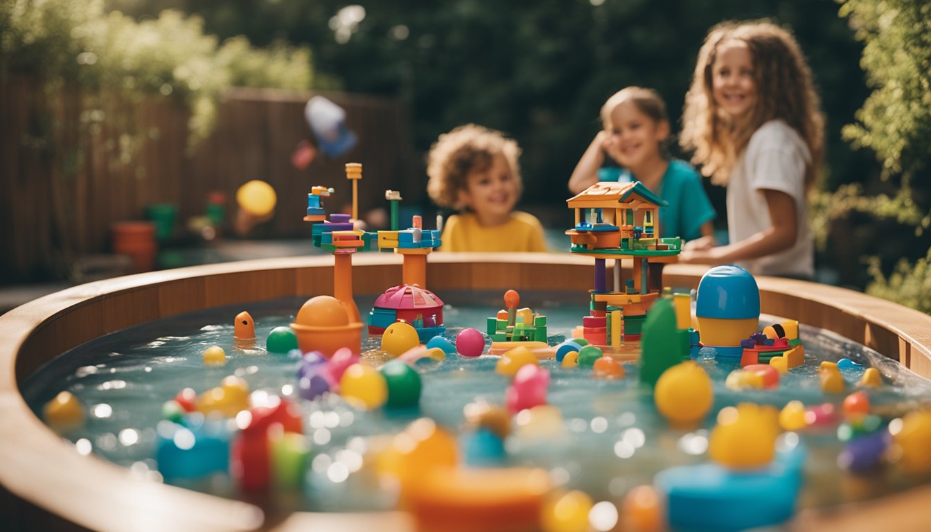 A backyard with a hot tub surrounded by colorful toys and floating objects, with kids searching excitedly for hidden treasures