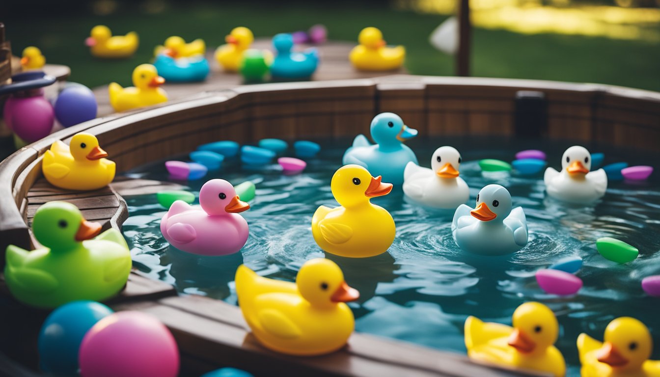 A backyard hot tub surrounded by colorful toys, floating rubber ducks, and glow sticks, with a list of scavenger hunt items pinned to a nearby bulletin board