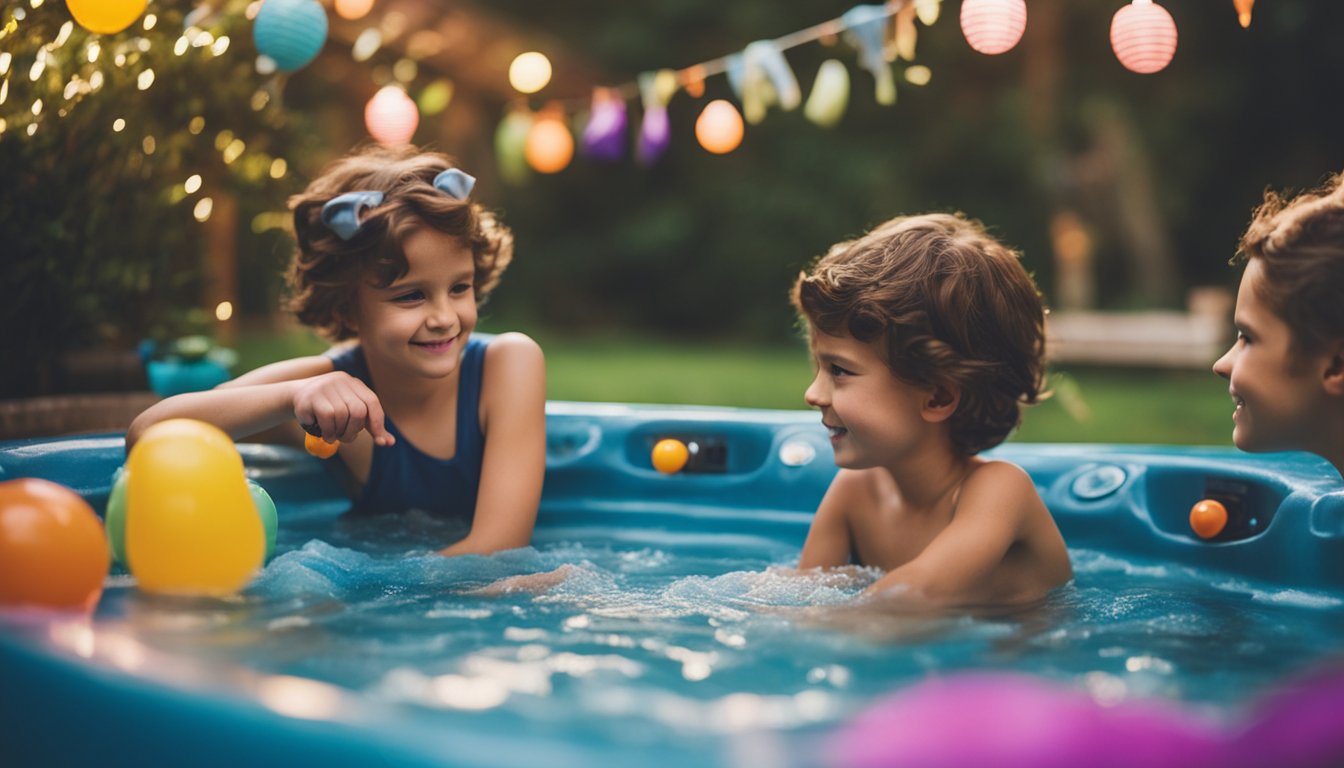 Children searching for clues in a backyard hot tub area, with colorful decorations and hidden treasures