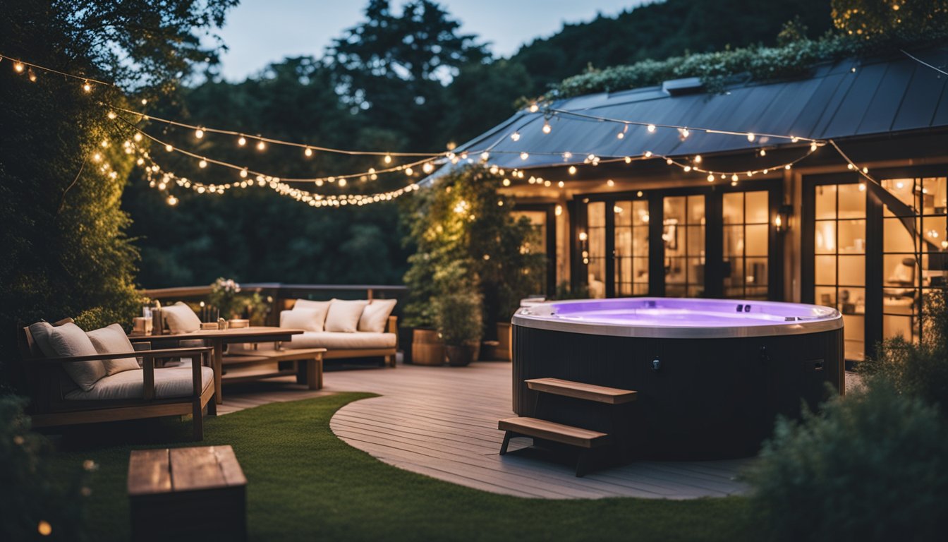 A luxurious outdoor hot tub surrounded by fairy lights and lush greenery, with a cozy hen party house in the background