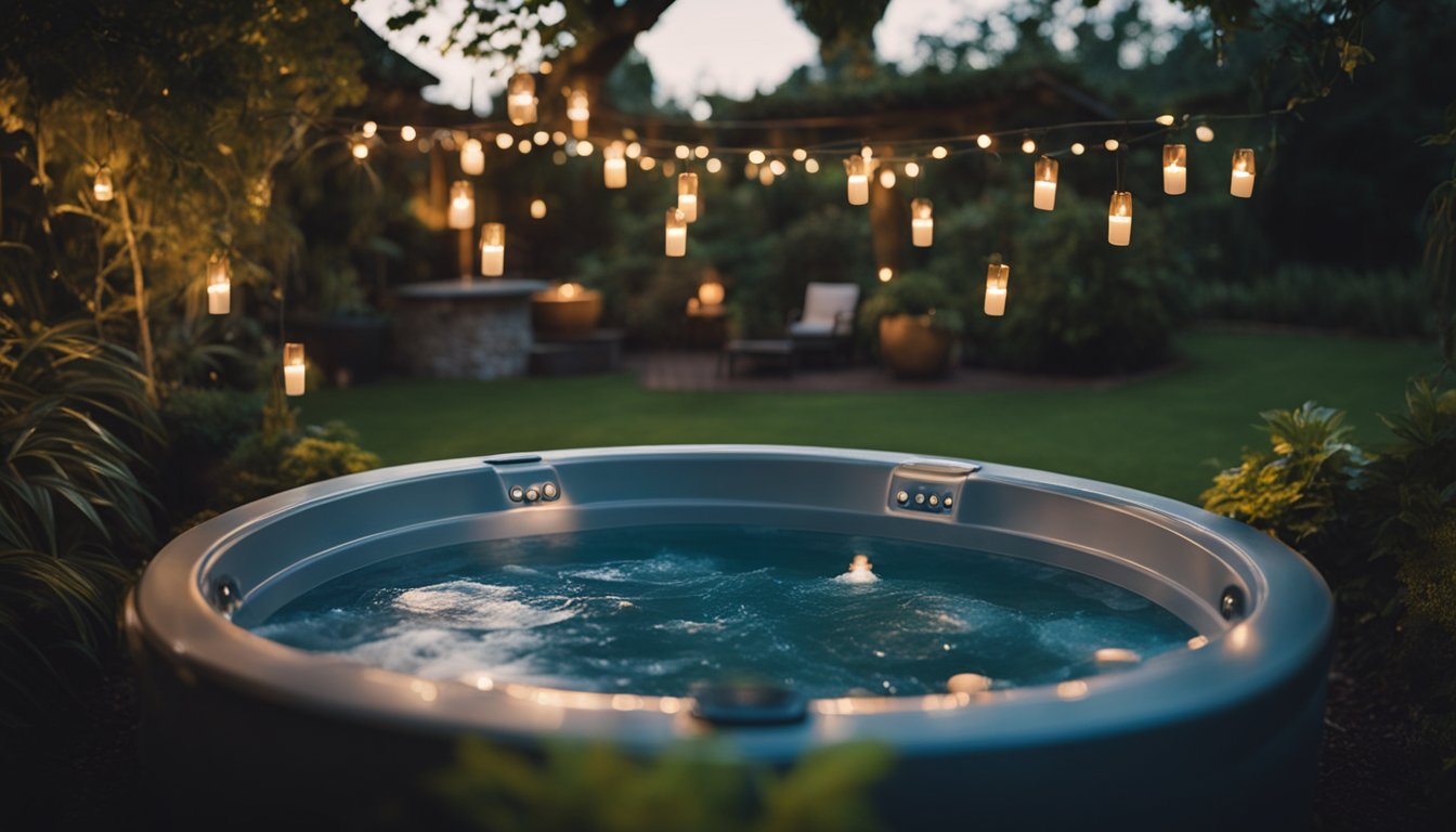 A hot tub nestled in a lush garden, surrounded by flickering candles. Soft, ambient music plays from a nearby speaker, creating a tranquil and relaxing atmosphere