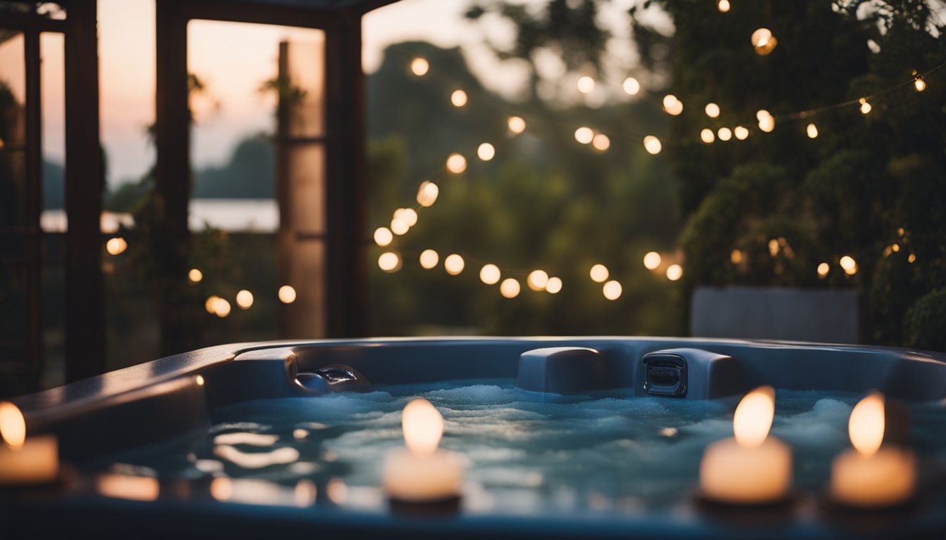 A serene hot tub nestled in a lush garden, surrounded by soft candlelight and gentle steam rising into the evening sky