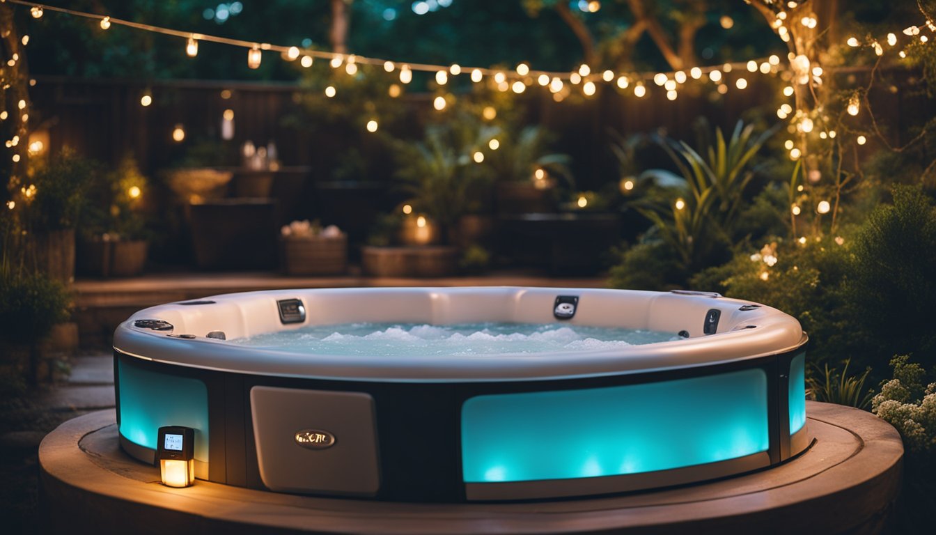 A hot tub nestled in a lush garden, surrounded by twinkling fairy lights. A Bluetooth speaker plays soft, soothing music as steam rises from the water