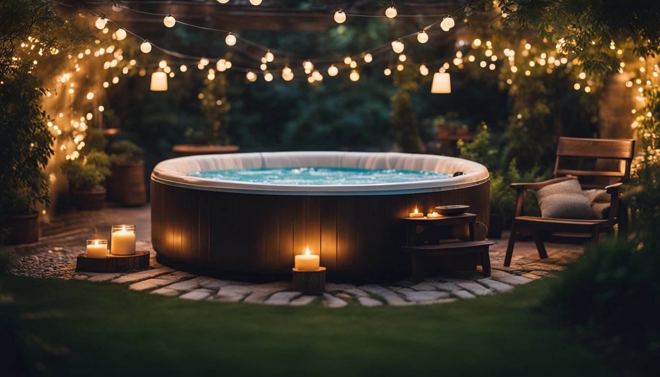 A cozy hot tub nestled in a lush garden, surrounded by twinkling string lights and flickering candles, with steam rising into the evening air