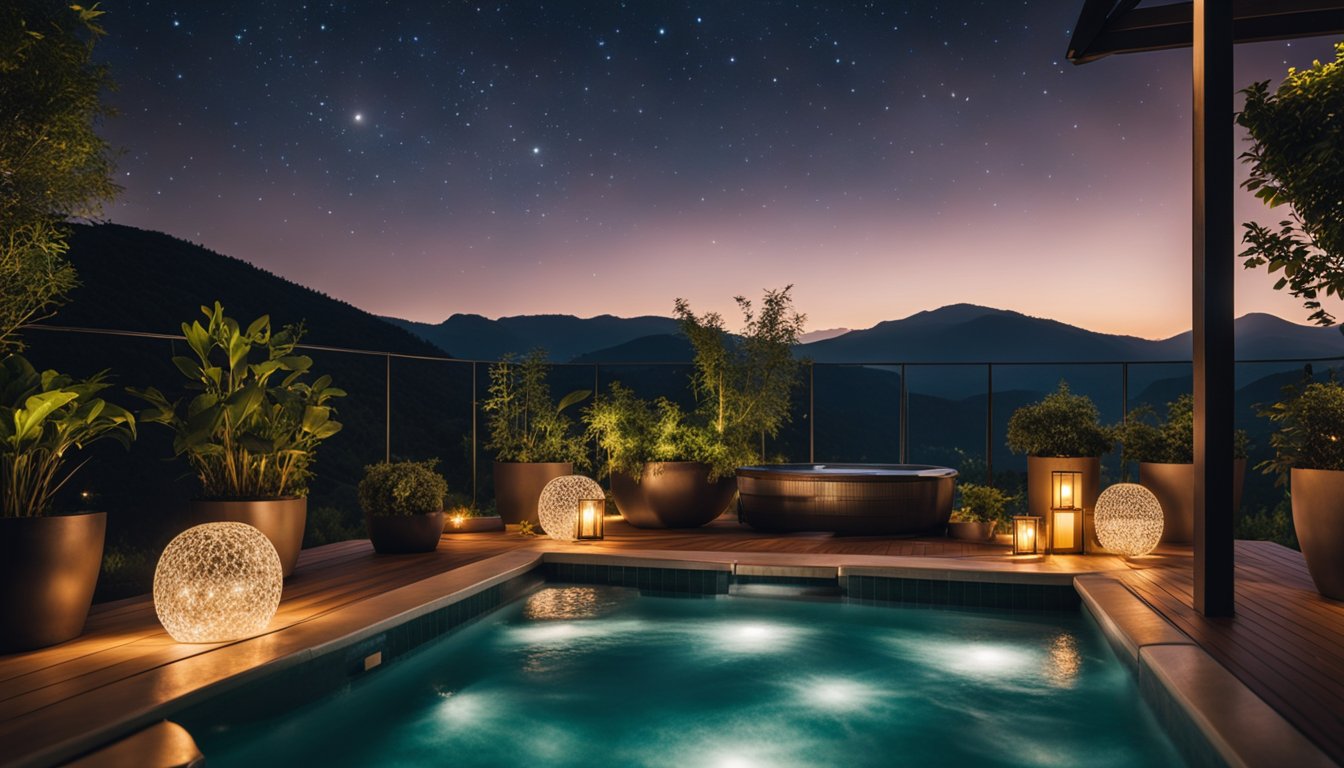 A serene evening scene with a hot tub surrounded by soft glowing lights, lush greenery, and a starry sky overhead