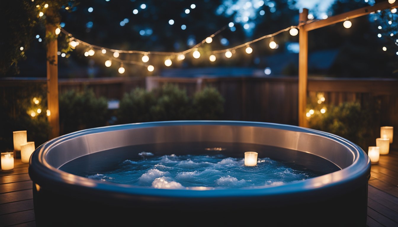 A cozy backyard hot tub surrounded by soft, glowing string lights and flickering candles, with steam rising from the bubbling water on a starry evening