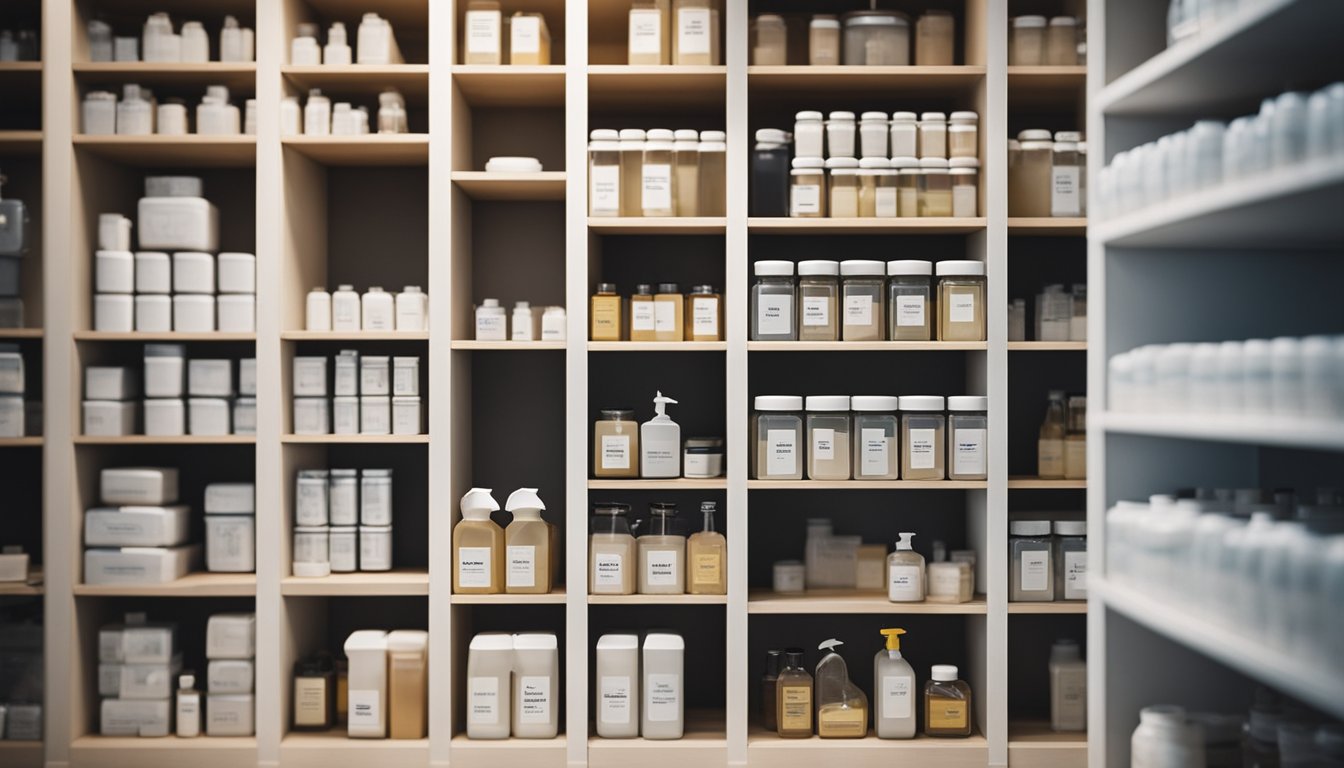 A neatly organized storage area with labeled containers for spa chemicals, placed on sturdy shelves in a clean and well-lit room