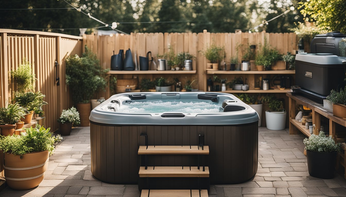 A backyard hot tub surrounded by neatly organized storage containers and shelves for towels, chemicals, and accessories