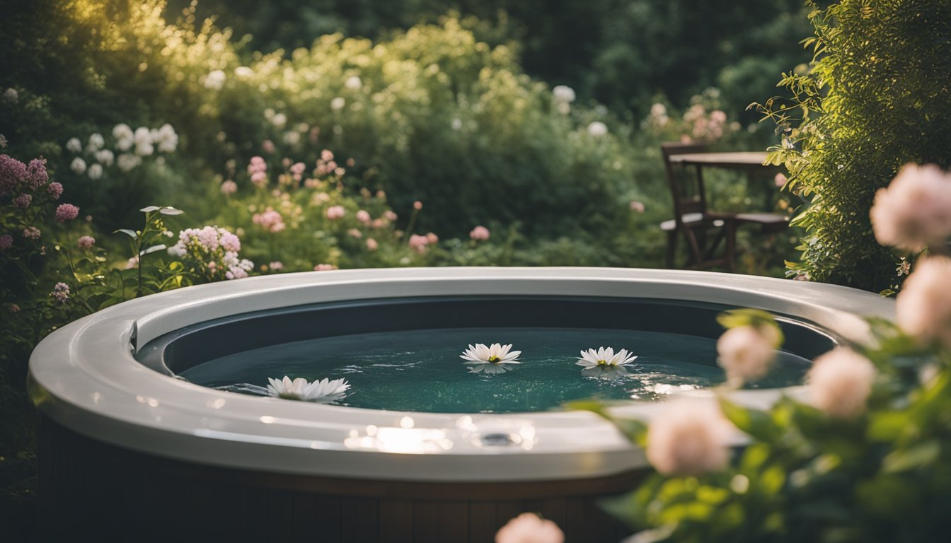 A serene hot tub nestled in a peaceful garden, surrounded by lush greenery and blooming flowers, with steam rising from the water