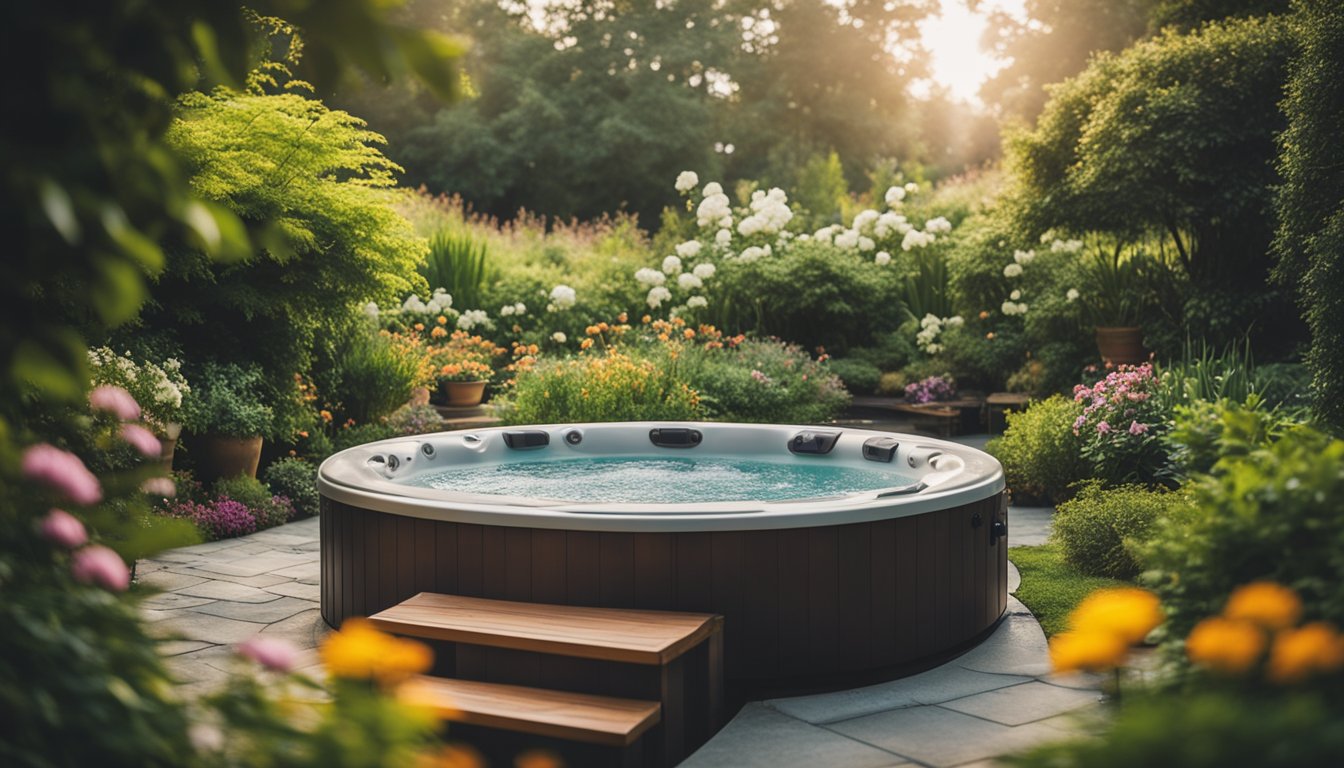 A serene hot tub nestled in a tranquil garden, surrounded by lush greenery and colorful flowers, with steam rising from the water, evoking a sense of relaxation and well-being