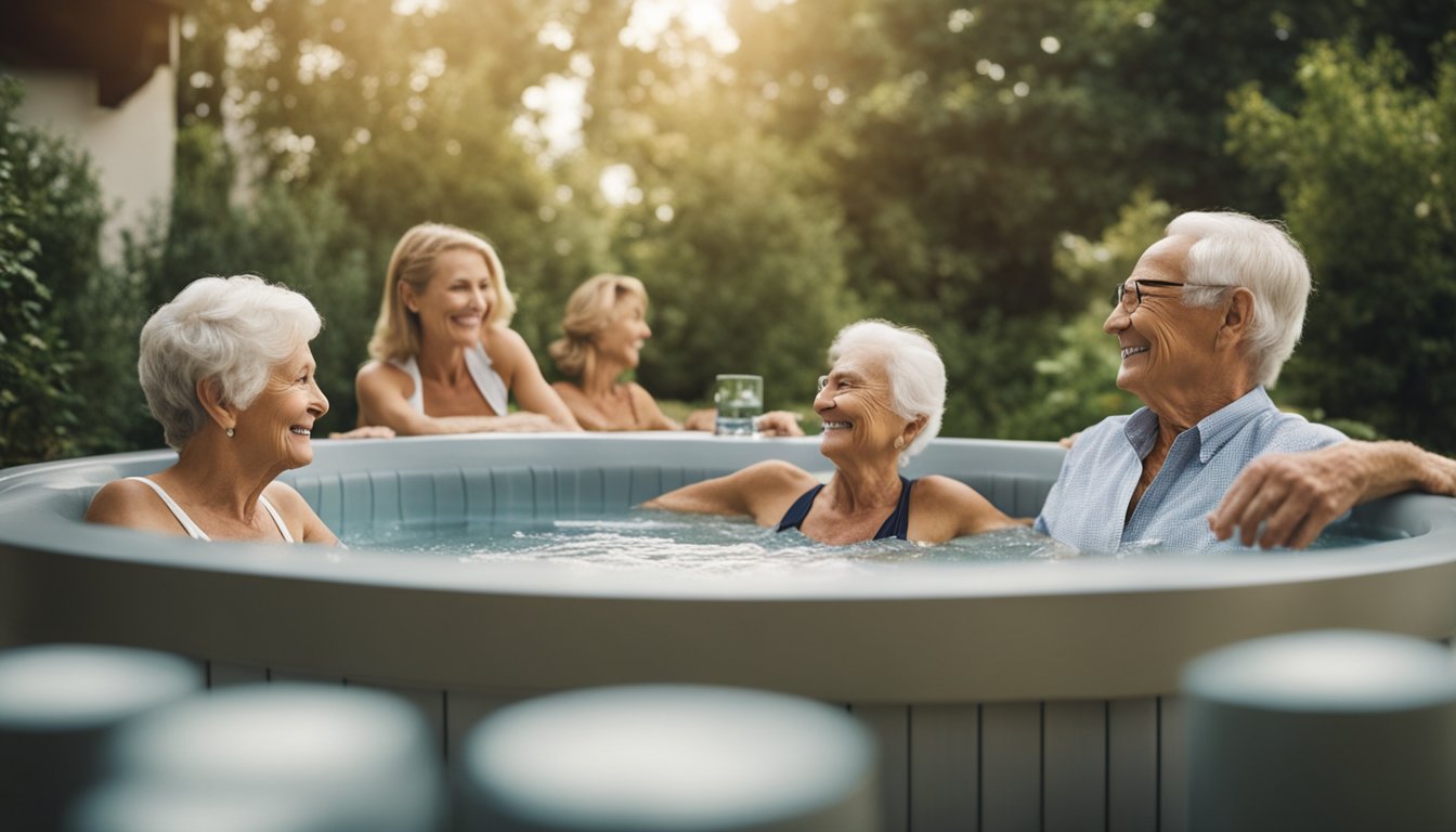 A group of elderly individuals enjoying the therapeutic benefits of a hot tub, surrounded by a serene and relaxing environment