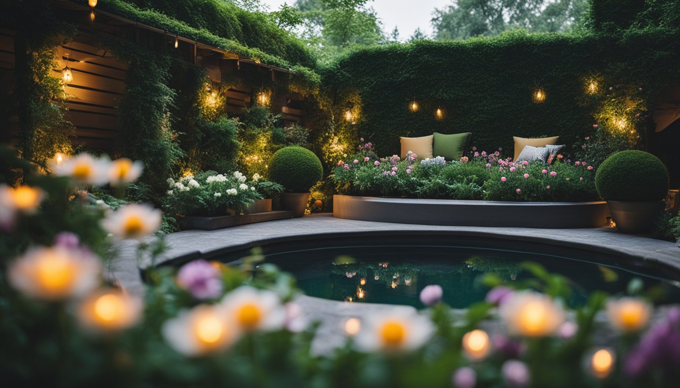 A cozy garden with twinkling lights, lush greenery, and a bubbling hot tub nestled among the flowers and plants