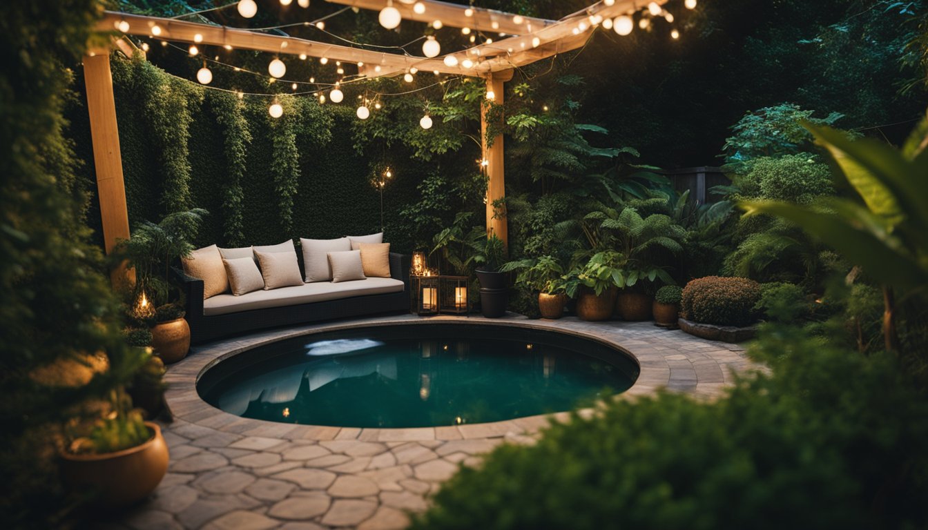 A cozy garden with twinkling string lights, lush greenery, and a bubbling hot tub nestled in a private corner