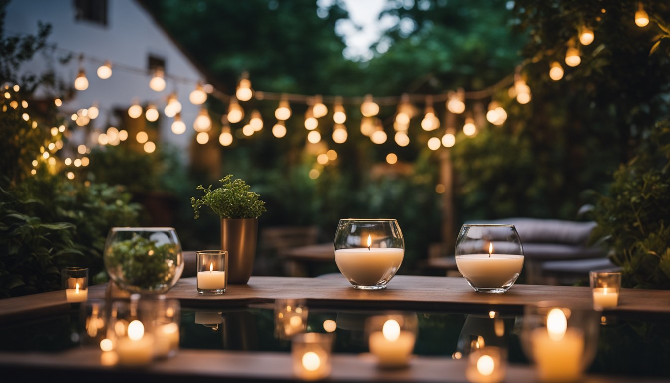 A cozy garden with a bubbling hot tub surrounded by twinkling lights and lush greenery. A table set for two with candles and soft music in the background