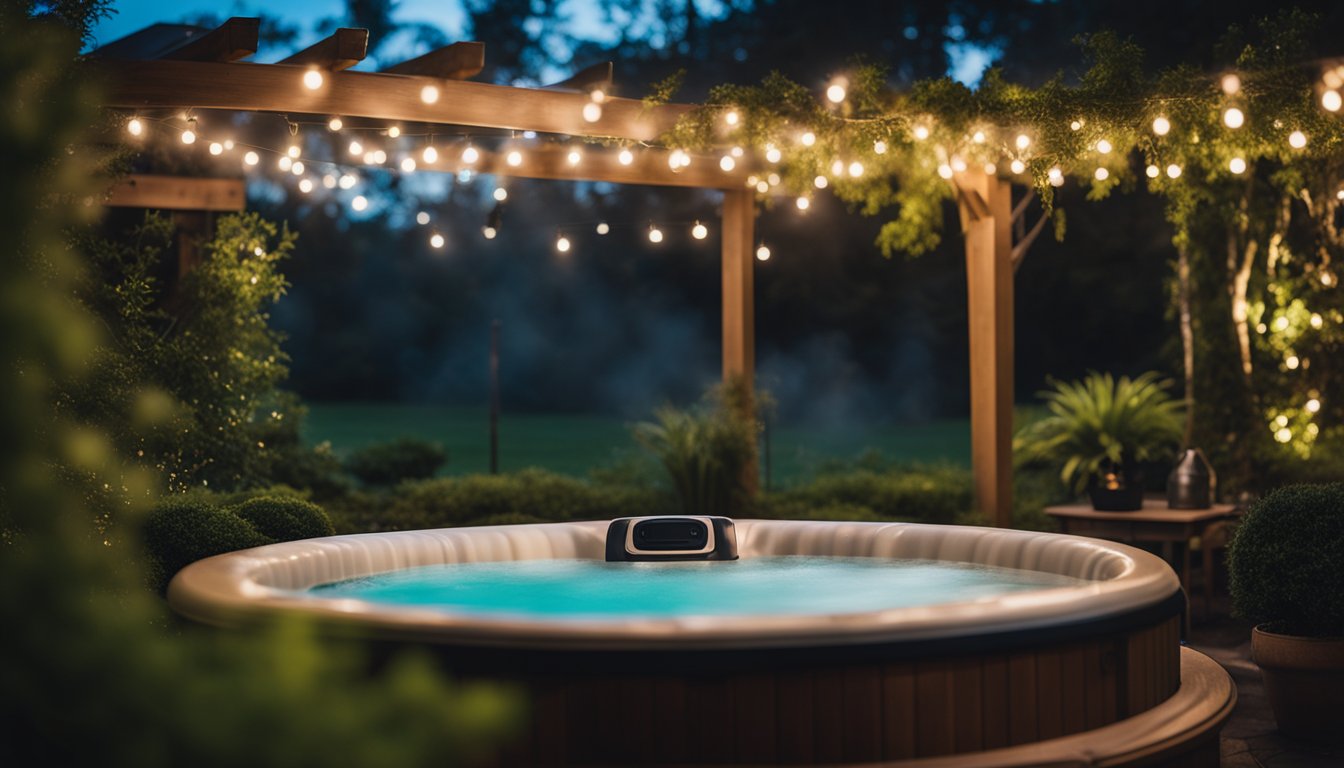 A serene hot tub nestled in a lush garden, surrounded by twinkling lights and steam rising into the night sky