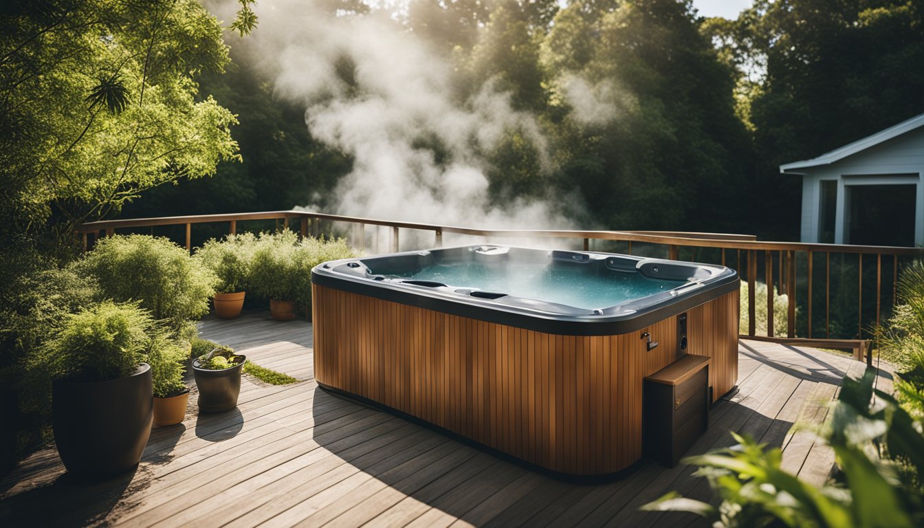 A serene backyard with a hot tub surrounded by lush greenery, with steam rising from the water, and a clear blue sky overhead