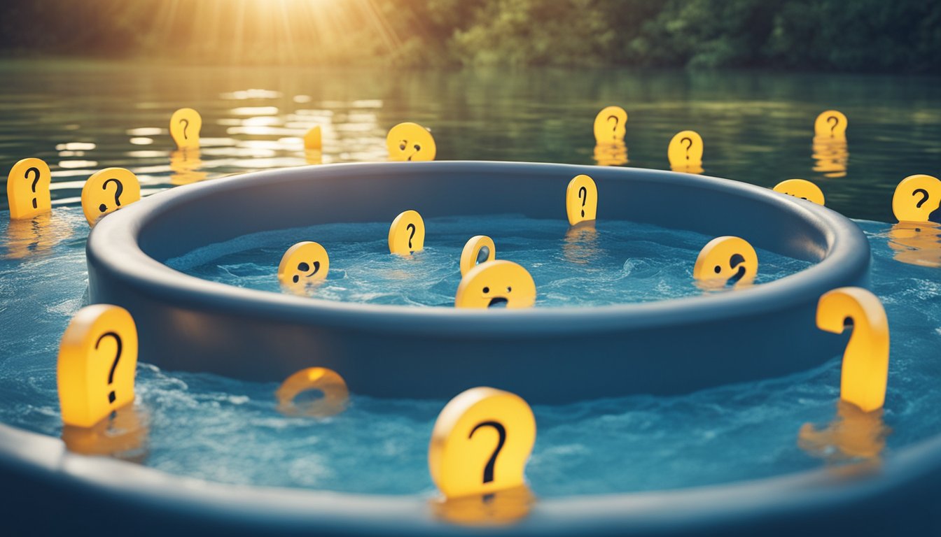 A hot tub surrounded by question marks, with mythological creatures emerging from the water to debunk common misconceptions