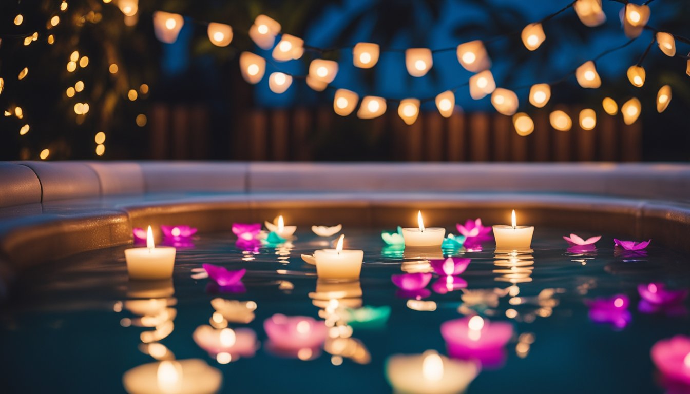 A hot tub surrounded by twinkling string lights and personalized with colorful floating candles and flower petals