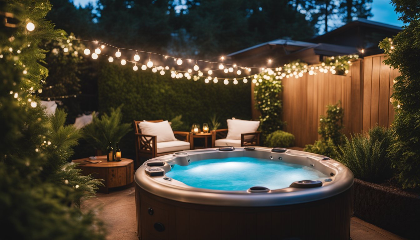 A cozy backyard oasis with twinkling string lights, lush greenery, and a bubbling hot tub surrounded by comfortable seating and plush towels