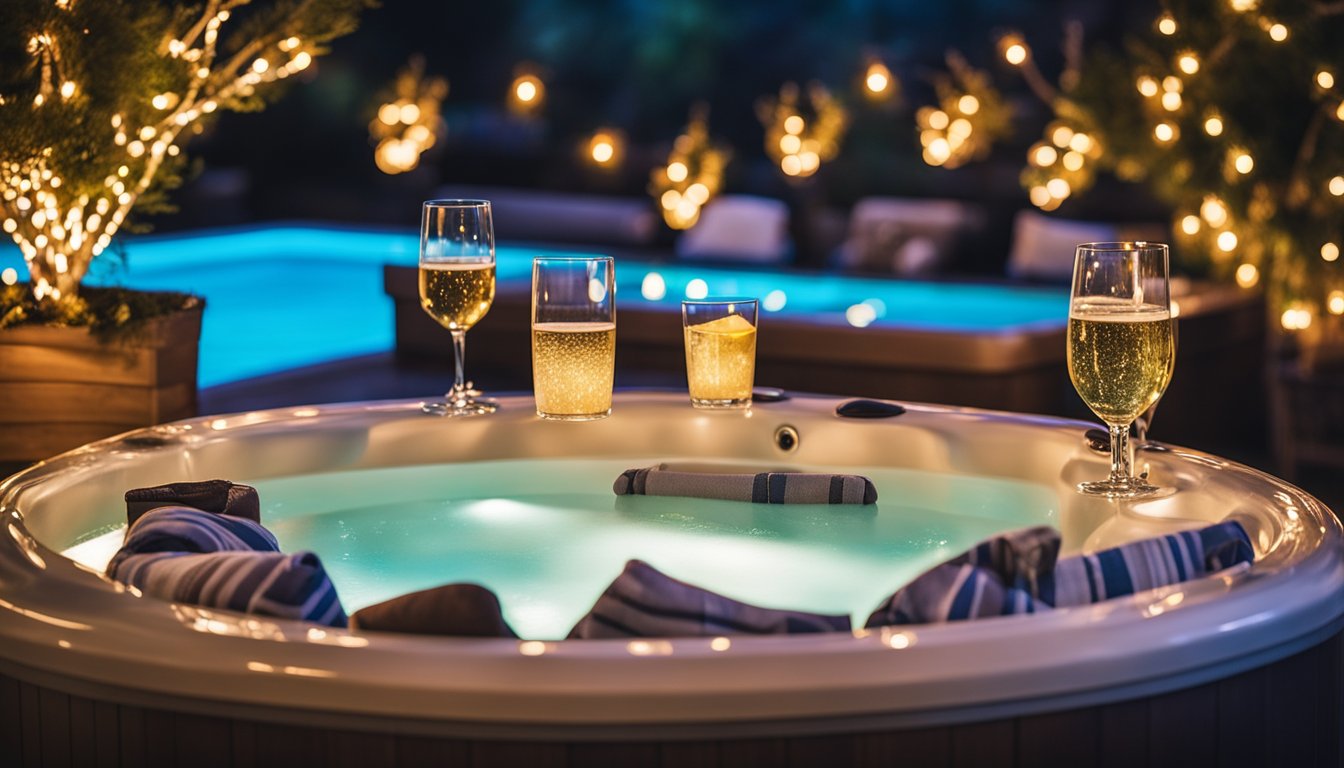 A hot tub surrounded by various personalized accessories and decorations, such as custom pillows, colorful lights, and unique drink holders