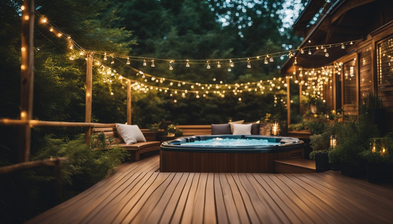 A wooden deck with cozy seating around a bubbling hot tub, surrounded by lush greenery and twinkling string lights