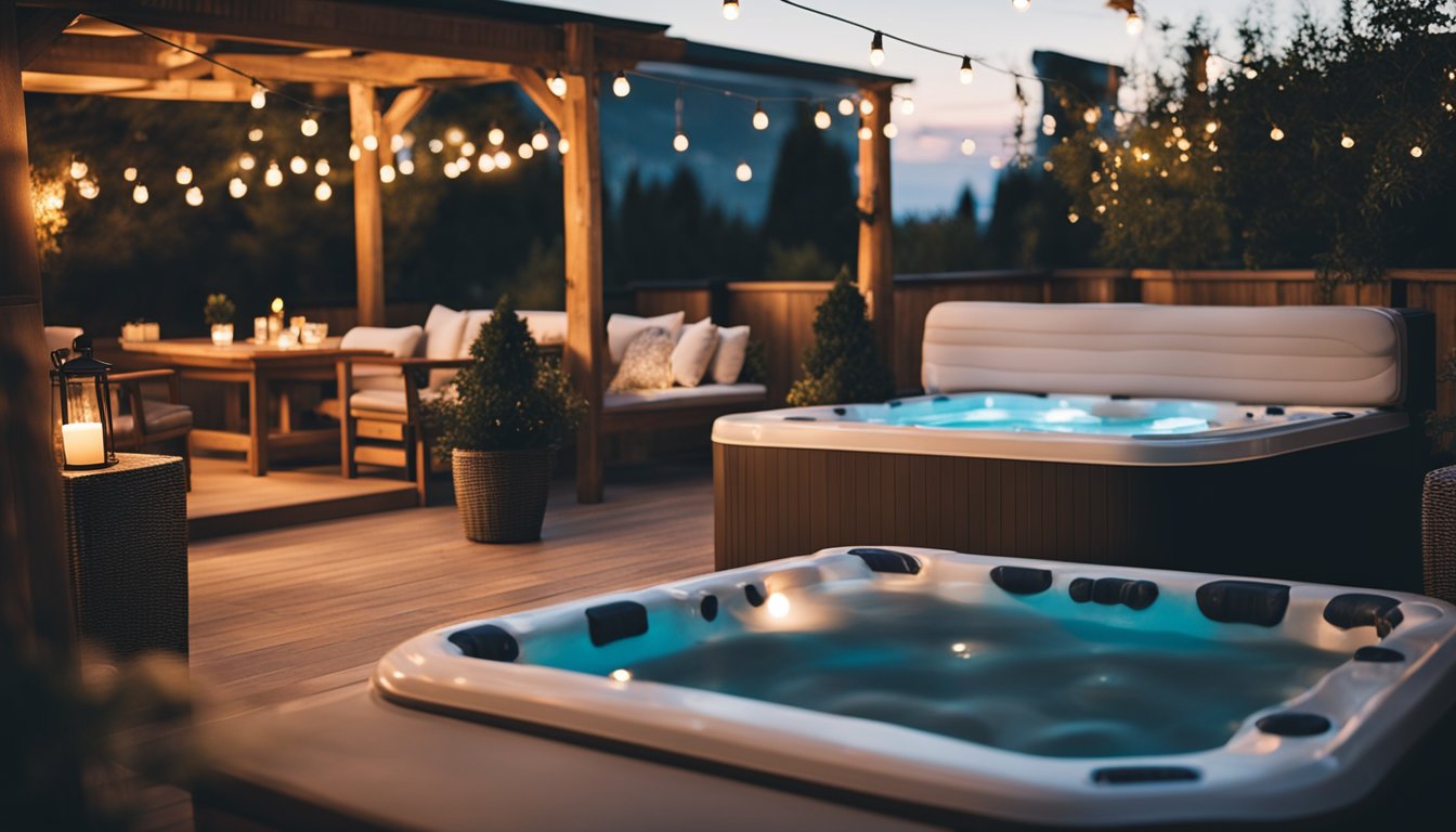 A cozy outdoor seating area surrounding a hot tub, featuring comfortable chairs, soft cushions, and decorative lighting for a relaxing and aesthetically pleasing atmosphere