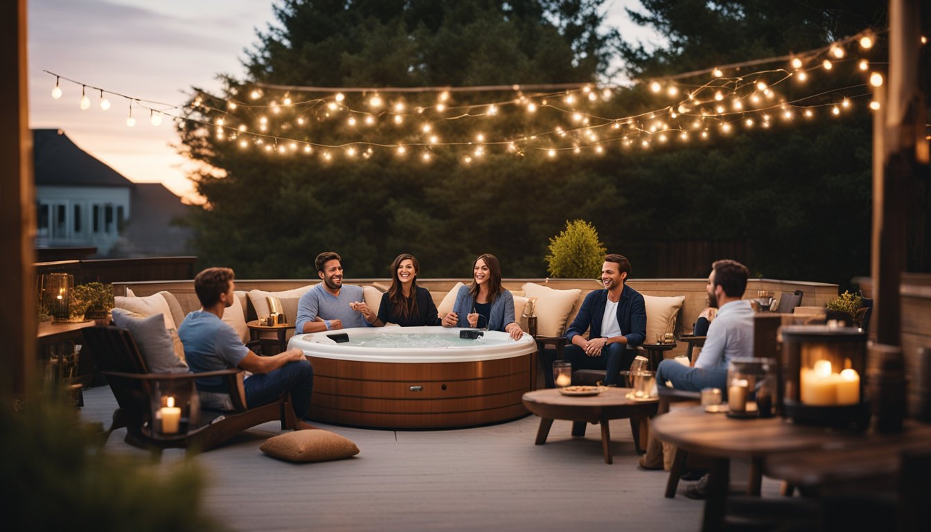 A group of friends relax in a cozy outdoor seating area surrounding a hot tub, with comfortable chairs, a fire pit, and string lights creating a warm and inviting atmosphere