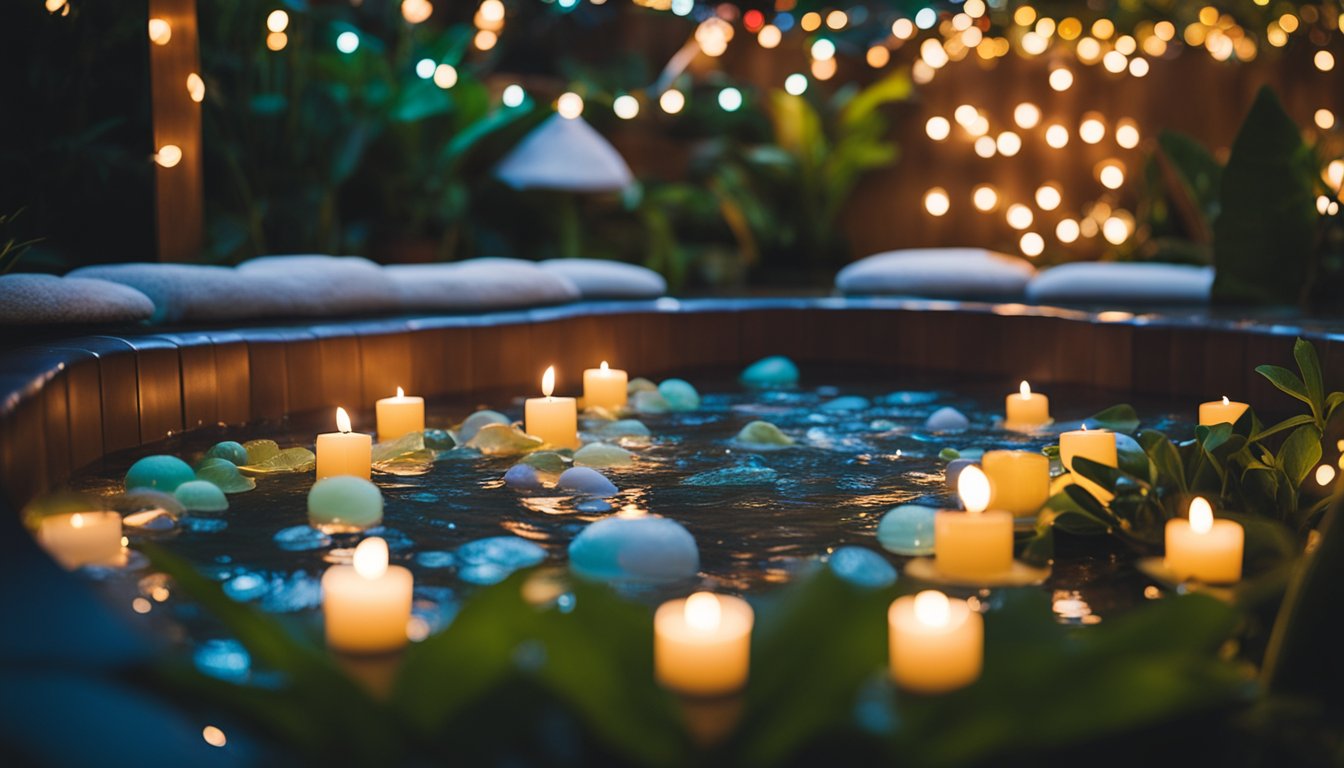 A colorful array of string lights, floating candles, and tropical plants surround a bubbling hot tub, creating a festive and inviting atmosphere