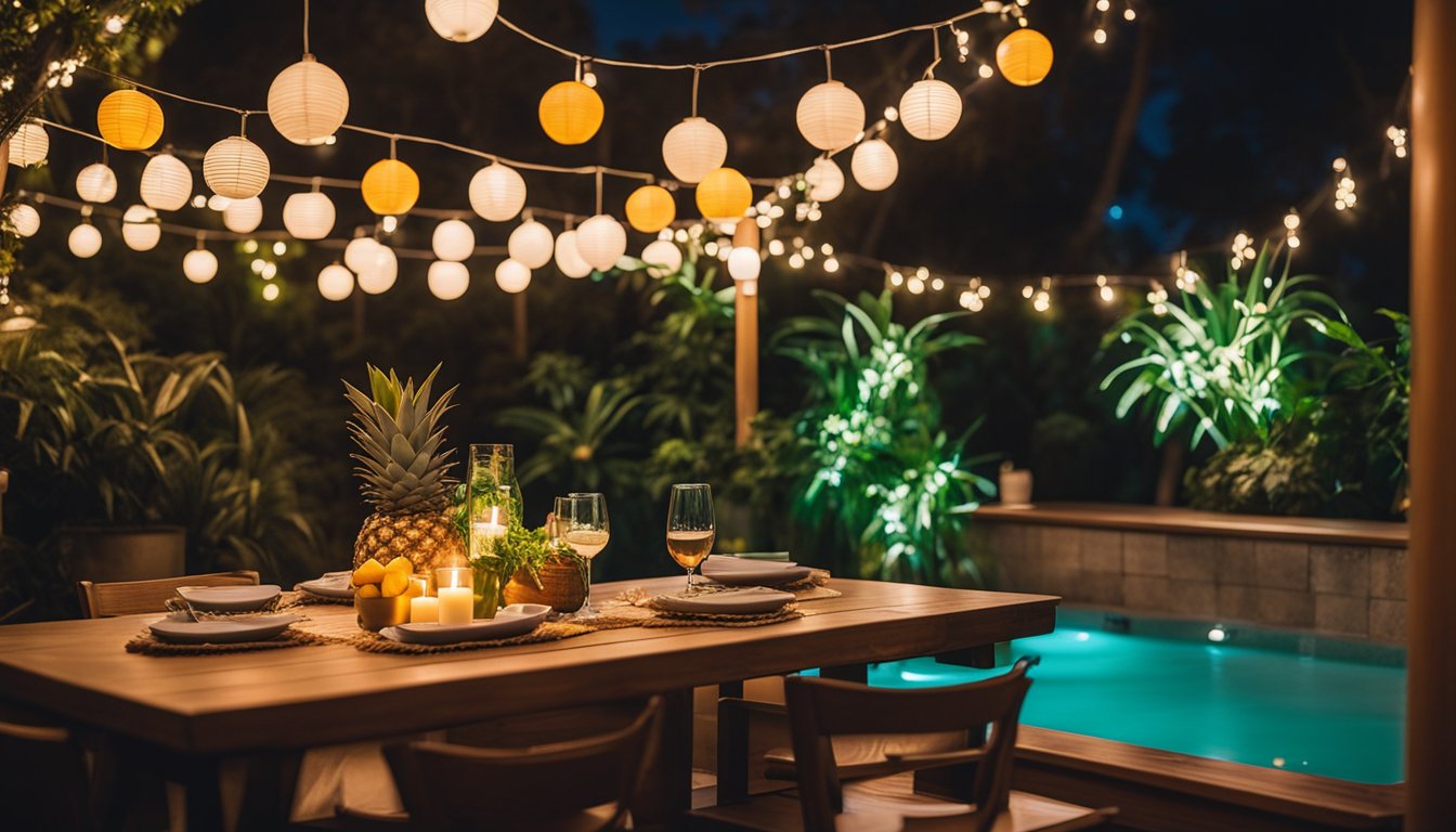 A backyard hot tub surrounded by twinkling string lights, colorful paper lanterns, and tropical plants, with a table set for drinks and snacks