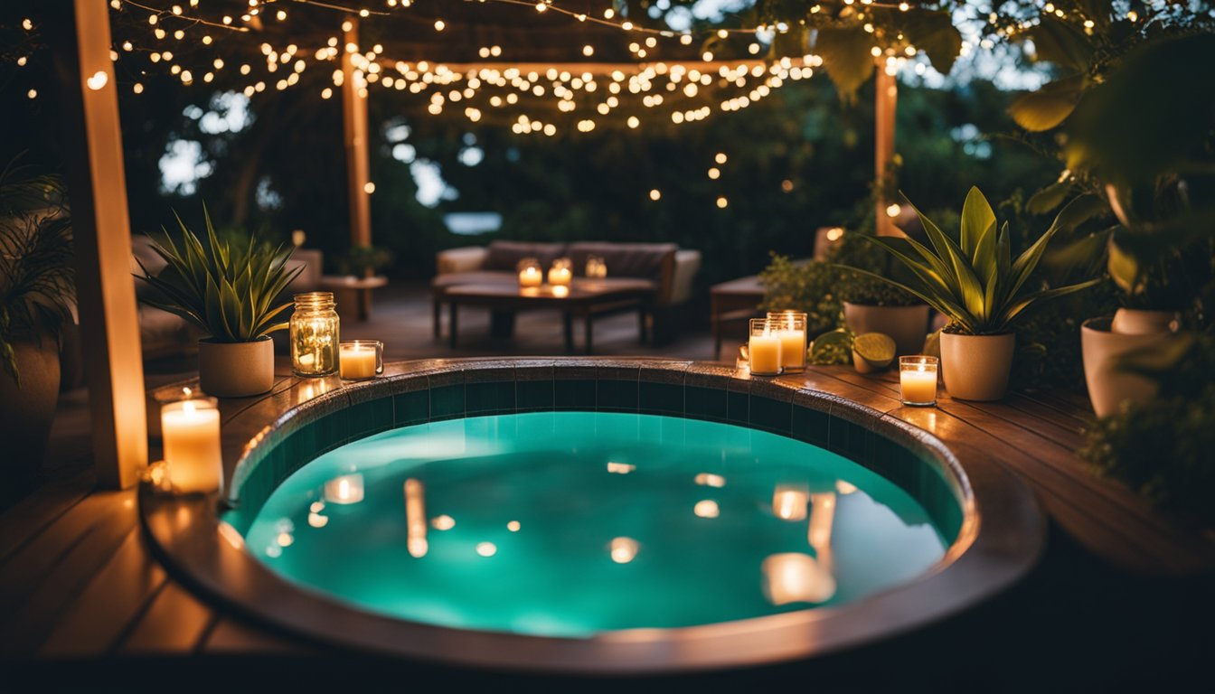 A hot tub surrounded by colorful string lights, floating candles, and tropical plants, with cozy towels and a table of refreshments nearby