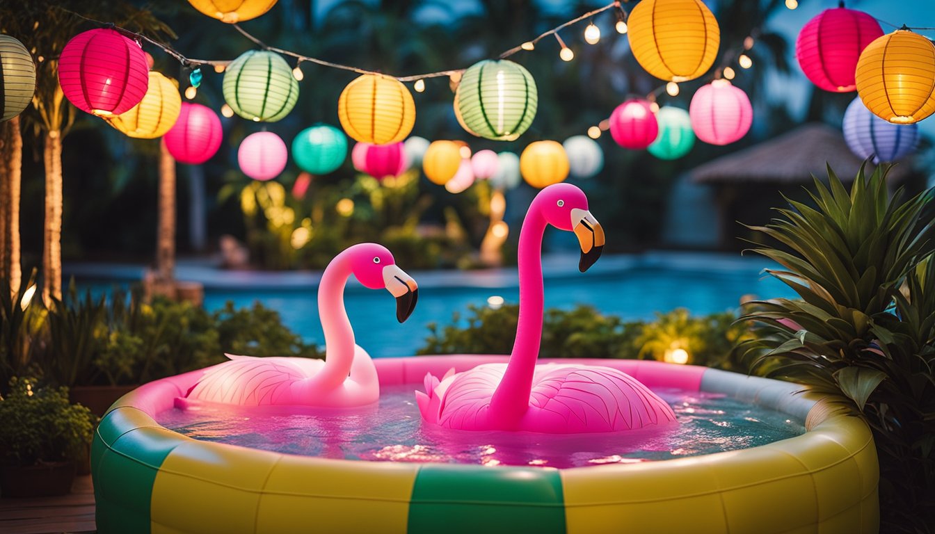 A hot tub surrounded by colorful paper lanterns, fairy lights, and tropical plants. Inflatable flamingos and pineapples float in the water