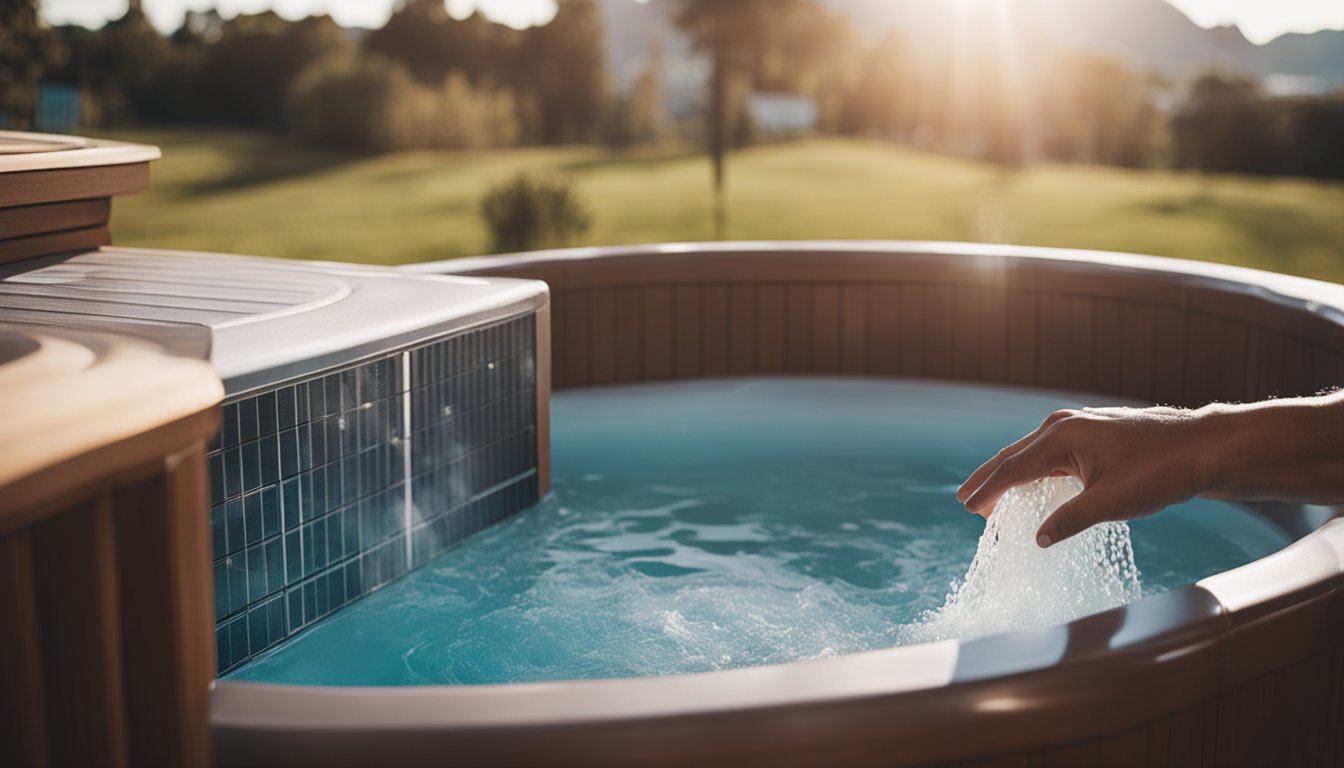 A person adding chemicals to a hot tub, scrubbing the sides, and checking the water level and temperature with a thermometer