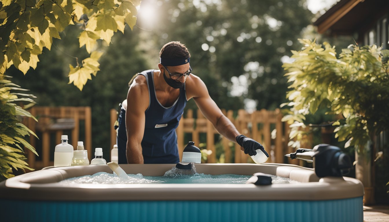 A busy homeowner adding chemicals to a hot tub, surrounded by floating leaves and a maintenance guide