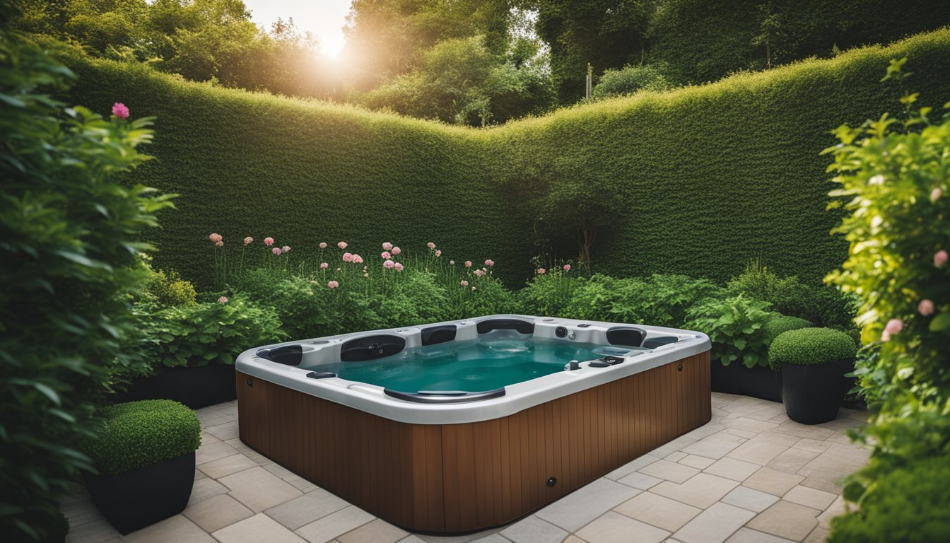 A lush garden surrounds a secluded hot tub, with tall hedges and trellises providing privacy. Vibrant flowers and greenery add to the aesthetic appeal