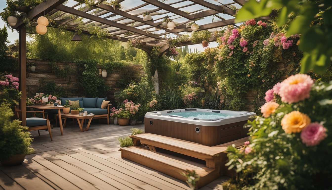 A hot tub surrounded by lush greenery and colorful flowers, with a pergola overhead and a small table with gardening tools and a notebook nearby