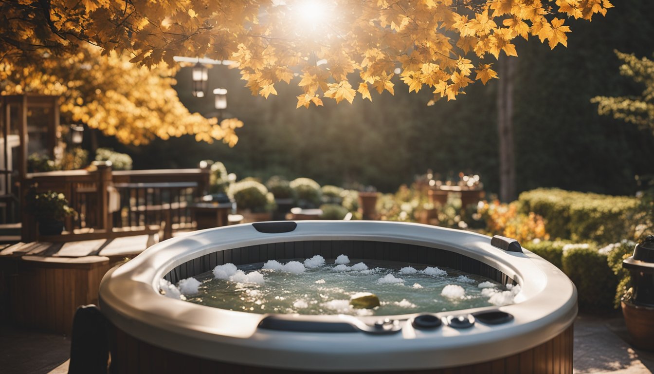 A hot tub surrounded by changing seasonal elements - leaves, snow, flowers, and sunshine - with a technician adjusting settings for optimal performance