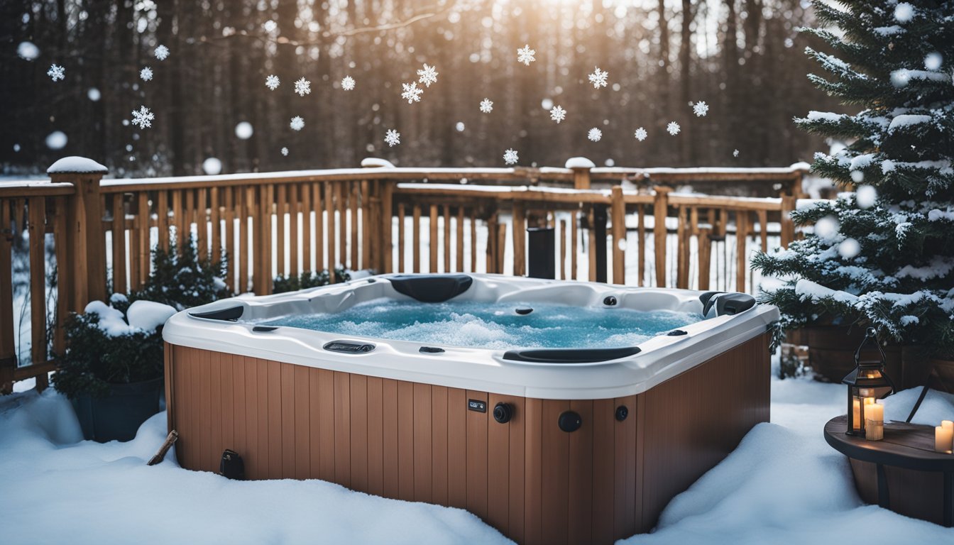 A hot tub surrounded by seasonal maintenance tools and products, with leaves and snowflakes in the background