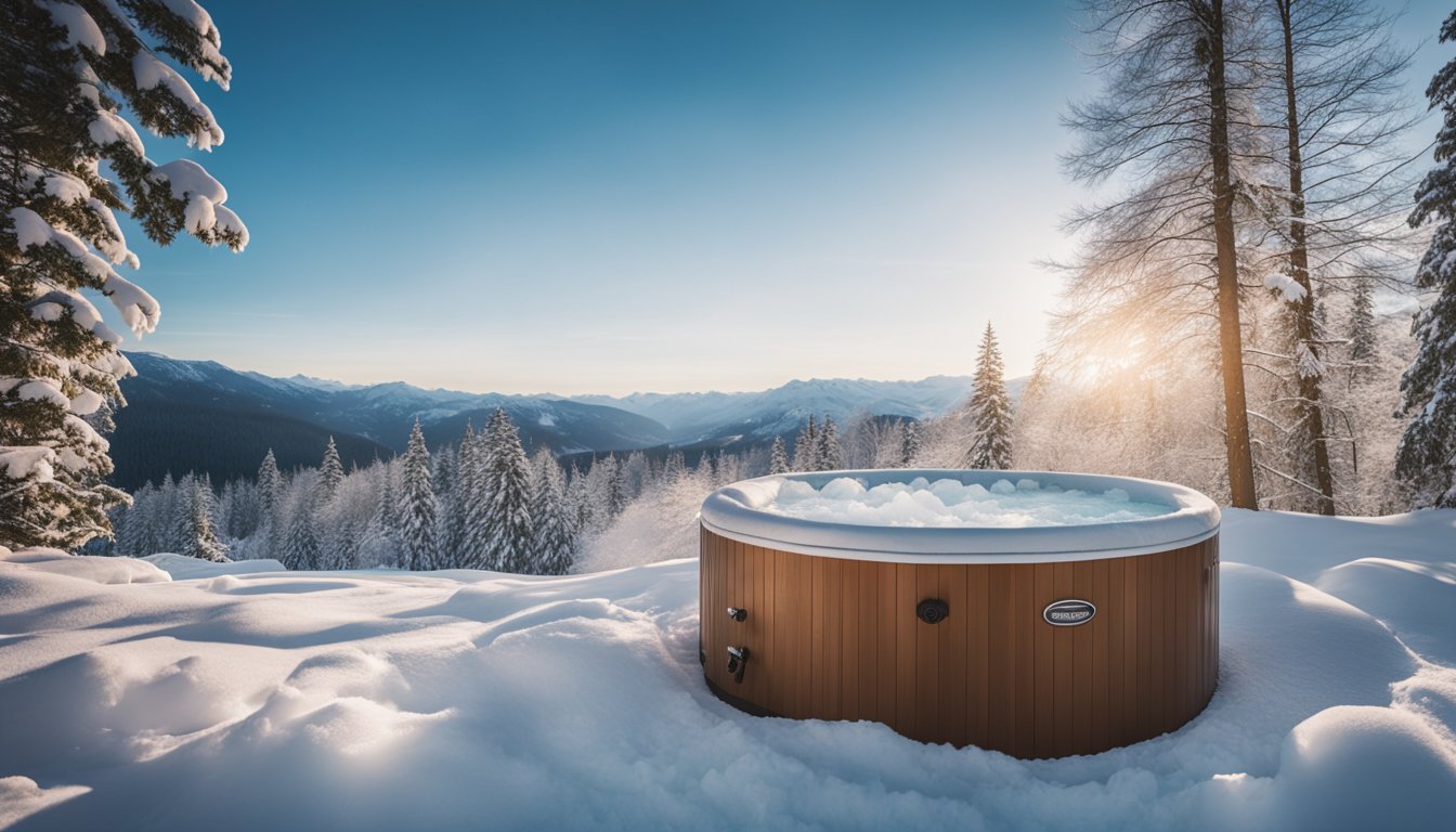 A hot tub surrounded by insulating materials like foam panels and covers, with a backdrop of snow-covered trees and a clear winter sky