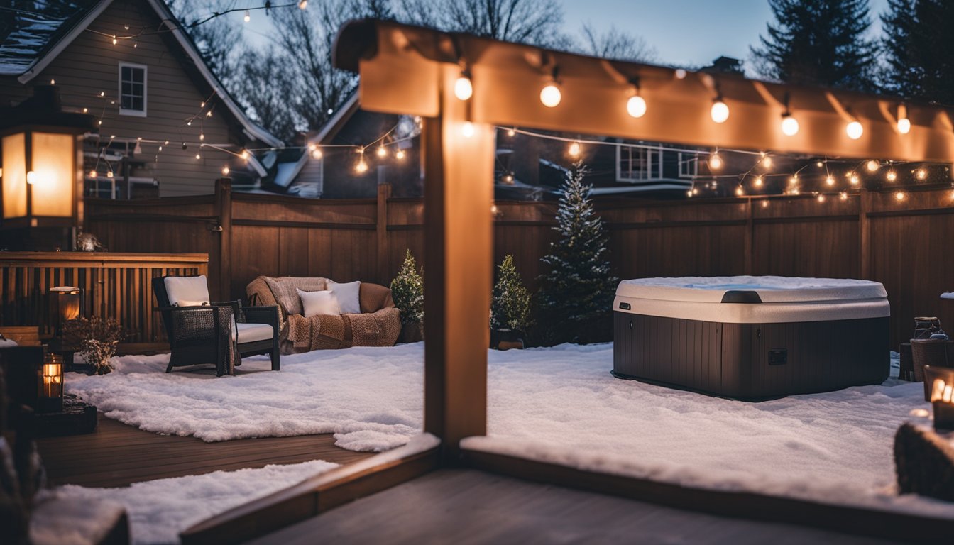 A cozy backyard with a hot tub surrounded by budget-friendly winterization supplies like covers, insulating materials, and weatherproofing accessories