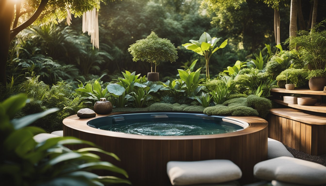 A serene garden oasis with a hot tub as the focal point, surrounded by lush greenery and balanced with elements of water, wood, and earth according to Feng Shui principles