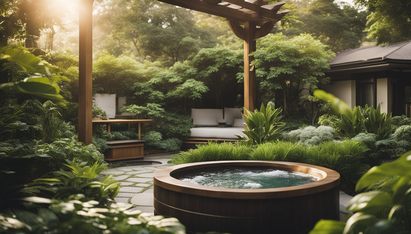 A tranquil garden oasis with a hot tub as the focal point, surrounded by lush greenery, flowing water features, and strategically placed feng shui elements