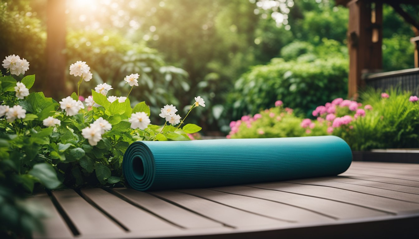 A serene garden with a yoga mat surrounded by lush greenery and flowers, with a hot tub in the background