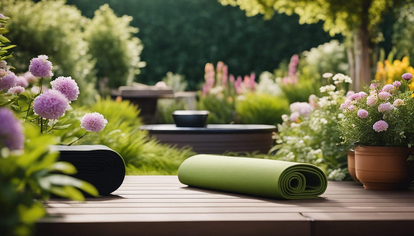 A lush garden with a yoga mat surrounded by blooming flowers and a hot tub in the background